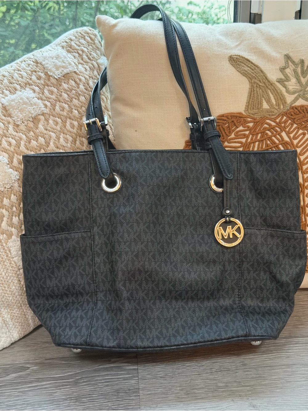 Michael Kors Black Signature Logo Tote with Gold MK Charm